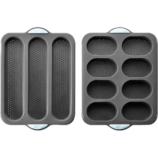 HONYUET 2 Stück Silikon Backform, Brötchen‐ und Baguetteform 35 x 24 x 3 cm Grau perforiert antihaft mit Griffen, Backblech für Baguette, Brot und Brötchen