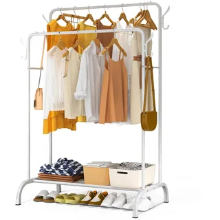 VOUNOT® Kleiderständer, Kleiderstange Doppelt, Garderobenständer Metall mit Schuhregal und 4 seitlichen Haken, Stabil, Schwerlast, für Schlafzimmer Flur Ankleidezimmer, 110x58x146cm Weiß