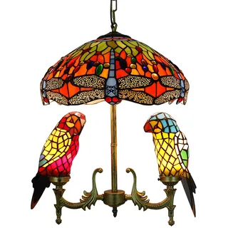 Libelle Tiffany Stil Pendelleuchte, 2 Papageien Glasmalerei Hängelampe Deckenleuchte, Höhenverstellbare Vintage Kronleuchter Deckenlampe für Wohnzimmer, Schlafzimmer, Küche, Esszimmer,40cm