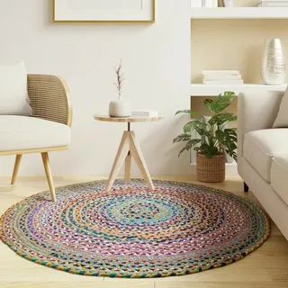 Craft Trade Bunt Boho Jute Teppich Reversibel Geflochten Handgewebt Rund Flickenteppich für Küche Wohnzimmer und Schlafzimmer- 180 cm