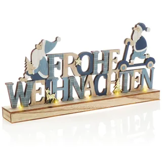 COM-FOUR com-four® LED Deko Aufsteller aus Holz - beleuchteter Schriftzug auf Holzsockel - Deko-Schriftzug zum Hinstellen für Weihnachten - Stimmungslicht mit Timer (Santas - blau + weiß)