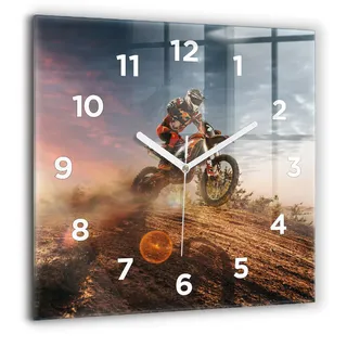 Wallfluent Große Wanduhr – Stilles Quarzuhrwerk - Uhr Dekoration Wohnzimmer Schlafzimmer Küche - Zifferblatt - weiße Zeiger - 60 cm - Mann auf einem Motorrad - Blau