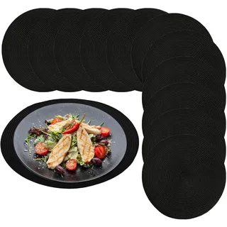 JIEHIN 12 Stück Tischsets Platzsets Rund Schwarz 38 cm, Platzsets Abwaschbar Rund, Hitzebeständig Platzdeckchen Teller Untersetzer Runde für Küche, Esstisch, Restaurant, Hotel