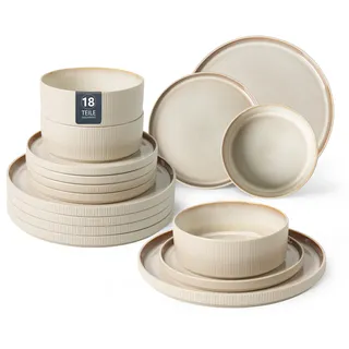 Geschirr-Set OTTO HOME "Ylvii, außen matt, innen reaktiv glasiert", reactive beige, 18, Steinzeug, Geschirr-Sets, Geschirr-Set, Riffeloptik, spülmaschinenfest und mikrowellengeeignet