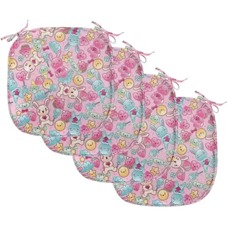 ABAKUHAUS Baby Polster für Esszimmerstühle, Kawaii Hasen und Süßigkeit, Dekoratives wasserfestes Kissen mit Riemen für Küchensitze, 40 cm x 40 cm-4er Pack, Rosa Turquoise Senf - Rosa