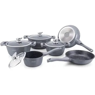 ROYALTY LINE, 13-teiliges Set, Kochgeschirr aus Aluminiumguss, marmorierte Beschichtung, mit abnehmbaren Silikongriffen, kompatibel mit allen Wärmequellen, verschiedene Größen, Farbe Grau