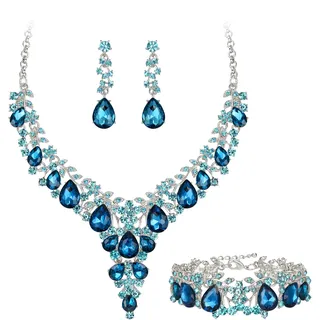 EVER FAITH Statement Schmuckset für Damen Kristall Blume rund Teardrop Braut Halskette baumeln Ohrringe und Armband Set Hellblau Silber-Tone