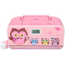 CD-Radio für Kinder mit Mikrofon und Sing-A-Long Karaoke Funktion (CD / MP3, USB, AUX-In, LCD-Display, Teleskopantenne), Pink mit Eulenmotiven