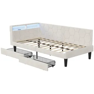 EuroLiving Polsterbett 90x200 cm Tagesbett mit 2 Schubladen, LED & Usb, Einzelbett mit Kopfteil Stauraum, Beige , Metall , 90x200 cm , Schlafzimmer, Betten, Polsterbetten