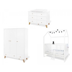 Babyzimmer Möbel Set Kinderzimmer 'Hilda & Pan' extrabreit groß, mit Hausbett, Wickelkommode und Schrank, weiß