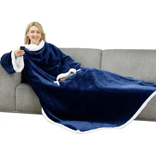 Kuscheldecke mit Ärmeln Sherpa Fleecedecke Dunkelblau 140x180cm