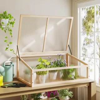 COSTWAY Frühbeet Gewächshaus, mini Treibhaus, Frühbeetaufsatz, Hochbeet Abdeckung, Frühbeetkasten Aufsatz für Garten & Balkon, 94 x 63 x 40 cm (Natur) - Naturbelassen