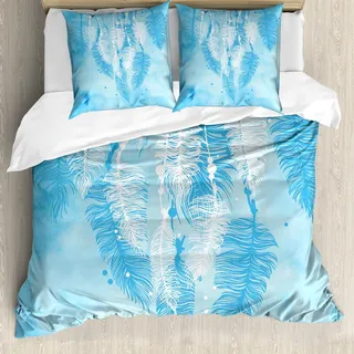 ABAKUHAUS Stammes Bettbezug Set, Aquarell Digital Machte Die Feder, Die Unten Im Bild Aztekisches Symbol Hängt, 200 x 200 cm + 80 x 80 cm, Blau Weiss