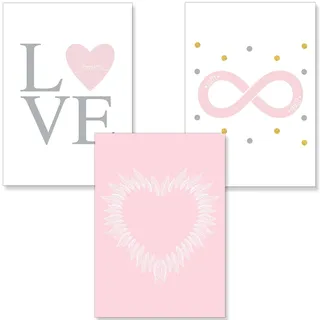 PREMYO Bilder Kinderzimmer Deko Mädchen - Poster Set Babyzimmer - Wandbilder Schlafzimmer Herz Federn Love Rosa A4