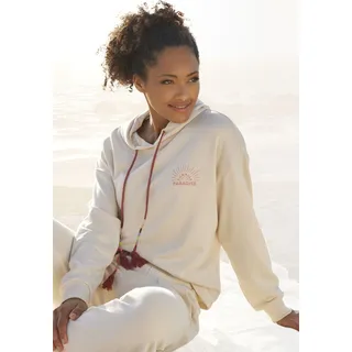 Hoodie VIVANCE, Damen, Gr. 40/42, beige (creme), Sweatware, Obermaterial: 60% Baumwolle, 40% Polyester. Kapuzenfutter: 60% Baumwolle, 40% Polyester, bedruckt, unifarben, bequem hüftlang, ohne Ausschnitt, Rippbündchen, Sweatshirts Hoodie, mit überschnittenen Schultern und bunten Kordelzug, Loungewear