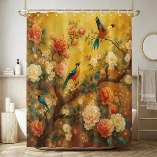 WYRCFS Duschvorhang 200x200 cm, Vintage Gelbe Blumen Vogel, mit Haken