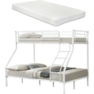 .haus Metall-Etagenbett - Weiß - Mit Matratzen 200x140/90cm 1xAABH-720B / 1xHKSM-90 / 1xHKSM-140 Kinderbett Stockbett Hochbett Metall Bettgestell - Weiß