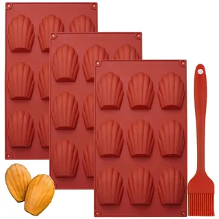 YXHZVON Madeleine Backformen, 3 Stücke Silikon Madeleines Backformen 9 Hohlräume mit 1 Stücke Silikonbürste, Schokoformen Silikon BPA Freie für Mini-Kuchen Schokolade (Rot)