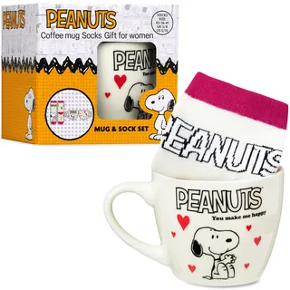 Get Trend Peanuts Snoopy Tasse und Socken Damen Teens, 340ml/11.5oz Keramik Kaffeebecher, Weich Kuschelsocken 36–41 Größe, Kawaii Geschenke für Frauen Teenager (Rot Snoopy)