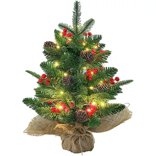 Weihnachtsbaum mit Beleuchtung 60cm,Künstliche Weihnachtsbäume Geschmückt,Mini Christbaum,Tannenbaum Lichterkette Deko mit Weihnachtskugel Tannenzapfen Christbaumspitze Weihnachtsdeko (C)