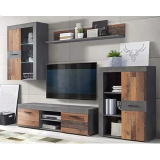 Forte Grigor Wohnwand mit 4 Türen, Holzwerkstoff, Old Wood Wintage mit Betonoptik Dunkelgrau, B x H x T: 290 x 192,3 x 41 cm