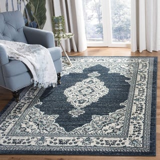 SAFAVIEH Traditionell Teppich für Wohnzimmer, Esszimmer, Schlafzimmer - Madison Collection, Kurzer Flor, Creme und Marineblau, 122 X 183 cm