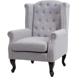 Mendler Sessel Chesterfield, Relaxsessel Clubsessel Ohrensessel, wasserabweisend Stoff/Textil ~ grau ohne Ottomane