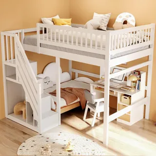 Flieks Etagenbett 140x200cm mit Rausfallschutz, Kinderbett Hochbett mit Treppe und Stauraum, Doppelbett Holzbett Stockbett mit Lattenrost, Weiß - Weiß