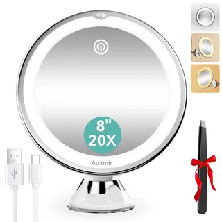 Auxmir Kosmetikspiegel mit Beleuchtung 20X, Wiederaufladbar Schminkspiegel Vergrößerungsspiegel, 3 Farben Modi, 20X Vergrößerung Rasierspiegel mit Saugnapf, 360° Drehbar für Zuhause Reise Bad, 8 Zoll
