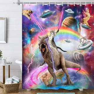 Lustiger Katzen-Duschvorhang für Jungen und Kinder, Badezimmerdekoration, Coole Katze, reitender Dinosaurier auf Fantasie-Galaxie, lustiger Duschvorhang, Stoff mit 12 Haken, 178x178 cm