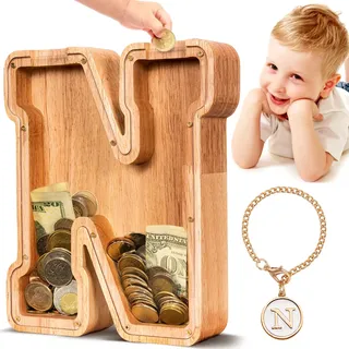 Summidate Spardose für Kinder Junge, Personalisiert Holz Großes Sparschwein, Unzerbrechliches Buchstabe A-Z Sparbüchse für Kinder Mädchen, Erwachsene, Geschenk&Dekoration