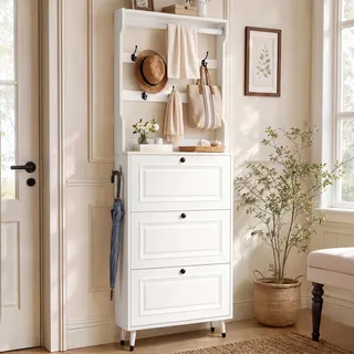 Merax Garderobenschrank mit Schuhschrank und 3 Klapptüren, Kompaktgarderobe mit Kleiderhaken und Garderobenstange, Flurgarderobe Diele Schrank, Weiß - Weiß