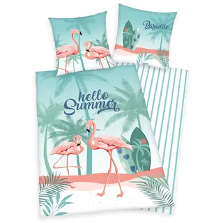 Wende Bettwäsche Set mit Flamingo 135x200 cm + 80x80 cm 100% Baumwolle - Türkis, Weiß