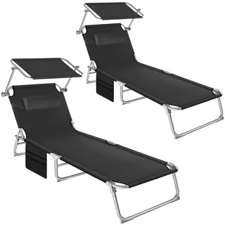 tectake Sonnenliege 2er Set Chloé, 190 x 68 x 111 cm, mit Seitentasche, schwarz , Schwarz , Kunststoff , 68x111x161 cm , Gartenmöbel, Gartenliegen