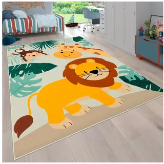 Paco Home Kinderteppich »Bino 582« rechteckig 4 mm Höhe Spielteppich, Motiv Tiere, Löwe & Giraffe, Kinderzimmer, beige