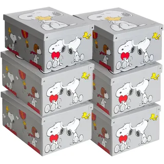 Set aus 6 Aufbewahrungsboxen mit Deckel – Große Kleiderboxen aus Karton 39x50x24 cm – Robust, leicht zu montieren, mit Tragegriffen – Perfekt für Kleiderschrank & Saisonwechsel Snoopy