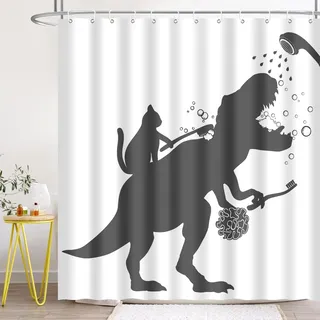 BIYSUC Katzen-Dinosaurier-Duschvorhang, lustige Katzen-Hilfe, Dino-Baden für Kinder, Jungen, Trex-Silhouette, Schatten, schwarz-weiß, Badezimmer, wasserdicht, Polyestergewebe, 152,4 x 183,9 cm, mit