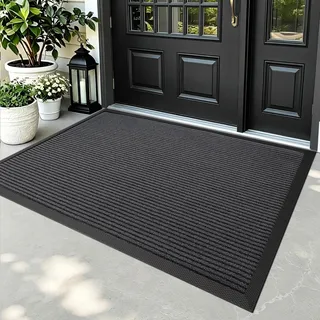 DEXI Fußmatte Außen, rutschfest, 90 x 150 cm, Gestreift Grau | Schmutzfangmatte, pflegeleicht, wetterfest, wasserdichter Gummiboden, dünnes Design, für Eingang, Haustür und Terrasse