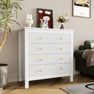 MODFU Kommode Sideboard mit Schubladen und Goldgriffen, Schrank Schminktisch Buffet für Wohnzimmer, Schlafzimmer, Kinderzimmer, Jugendzimmer und Büro, Weiß - Weiß