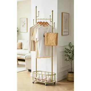 BOOSDEN Kleiderständer mit einem Querträger und Rollen, Metall-Kleiderständer, Mobile Kleiderstange mit 4 Haken, Für Mäntel, Hemden, Kleider, Schuhe und Taschen, gold