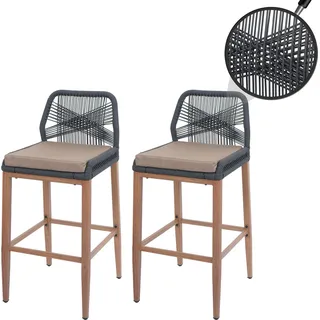 2er-Set Rope-Barhocker HWC-O21, Outdoor Sitzpolster Seilgeflecht Metall Holz-Optik anthrazit, Kissen taupe - Beige