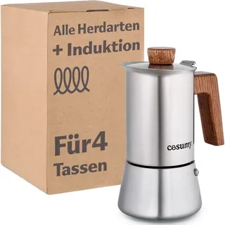 Cosumy Espressokocher Induktion für alle Herdarten geeignet 4 Tassen - Mokkakanne Edelstahl und nachhaltigem Eichenholz - Silber
