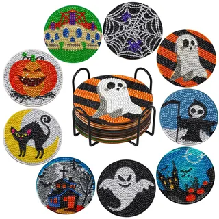 9 Stück Halloween Diamond Painting Untersetzer mit Halter,Diamant Kunst Untersetzer Kits,DIY Totenkopf Geist Kürbis Untersetzer Diamant Malerei Set für Basteln Erwachsene Kinder Anfänger,Kunsthandwerk