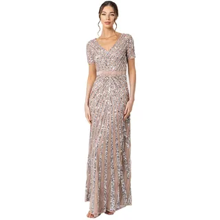 Maya Deluxe Damen Maxi Women's Embellished Sequin Long Short Sleeve V Neck High Empire Waist Cut Shiny Prom We Bridesmaid Dress, Taupe, 44 EU