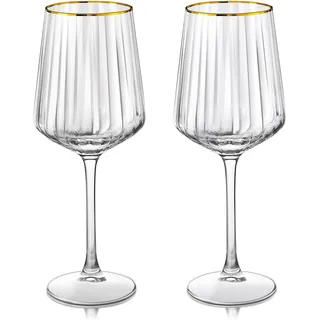 Joeyan 560ml Gerippte Weingläser mit Goldrand,Gold Rimmed Rotweingläser 2er Set,Handgefertigte Kristall Weißweinglas,Kelche Groß Bauchig mit Stiel,Geschenke für Hochzeitstag Jahrestag Geburtstag Party