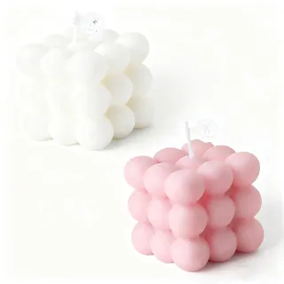 Duftkerze in Würfelform 2er Set - Handgemachte Bubble Kerze aus Sojawachs, Natürliche Wohlriechende Aesthetic Kerzen für Home Deko in Rosa & Weiß
