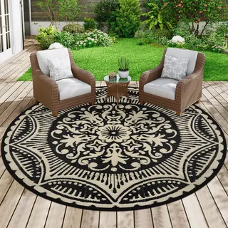 Capslpad Outdoor Teppich rund Ø 180 cm, Balkon Teppich, Kunststoff Camping Teppich, Leichtgewicht Picknickdecke, Vorzeltteppich Outdoorteppich für Balkon, Picknick, Camping, Garten, Schwarz
