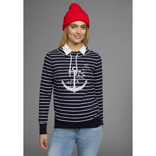 Sweatshirt KANGAROOS, Damen, Gr. 44/46, blau (marine, weiß), Interlock, Obermaterial: 100% Baumwolle, bedruckt, geringelt, gestreift, kontrastfarbene Details, figurbetont hüftbedeckend, Rippbündchen mit Daumenlöchern, Sweatshirts Sweatshirt, Langarm mit Daumenlöchern, figurbetont, Stehkragen mit Kordelzug