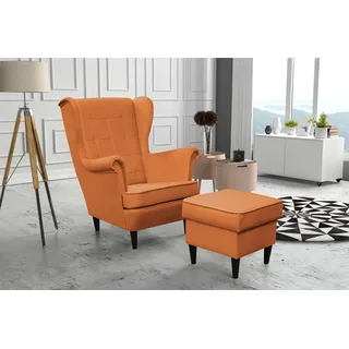 Kaiser Möbel Elegantes Set, Holzgestell, Set Ohrsessel + Fußhocker, Velutti-Stoff Orange - Orange