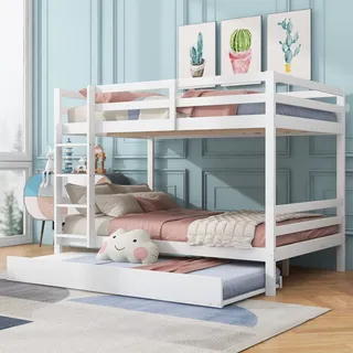 Fortuna Lai Etagenbett 140*200cm mit Ausziehbett und Treppe, Massivholz Kinderbett Doppelbett, Weiß - Weiß